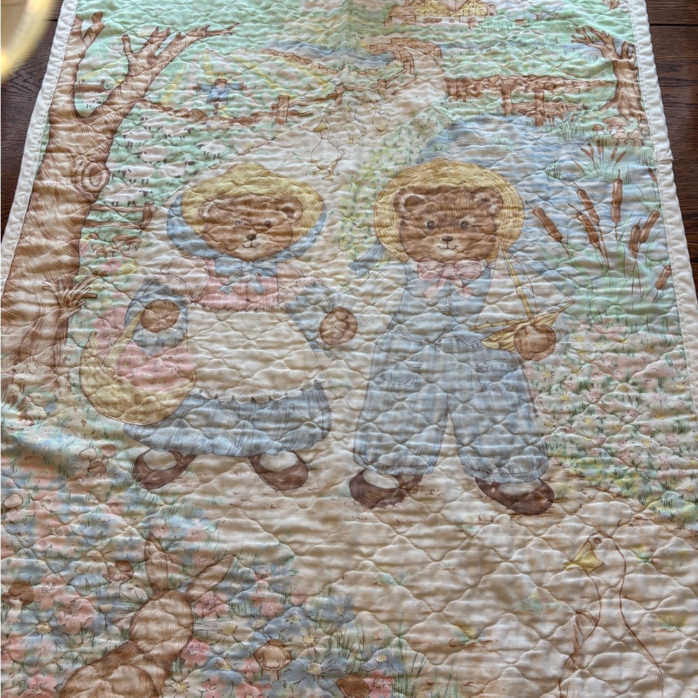 Vintage Bear Couple Quilted Baby Blanket - Pastel Nursery Print
